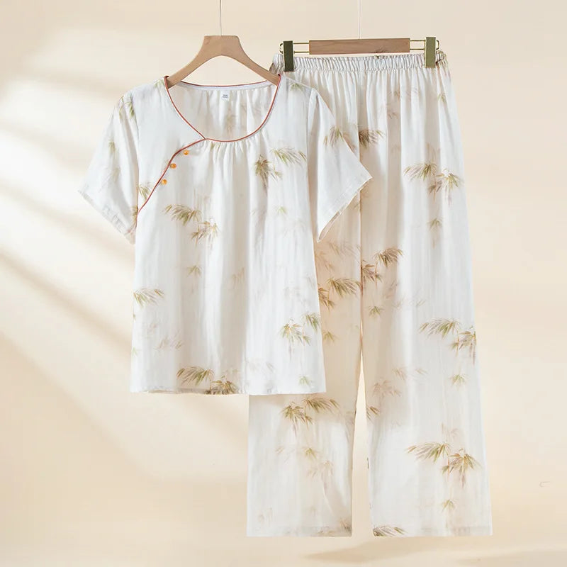 2025 New Spring/Summer Women's Pajama Set 100% Cotton Chinese Style Outable Short sleeved Pants Two piece Home Clothes