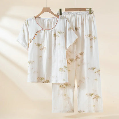 2025 New Spring/Summer Women's Pajama Set 100% Cotton Chinese Style Outable Short sleeved Pants Two piece Home Clothes
