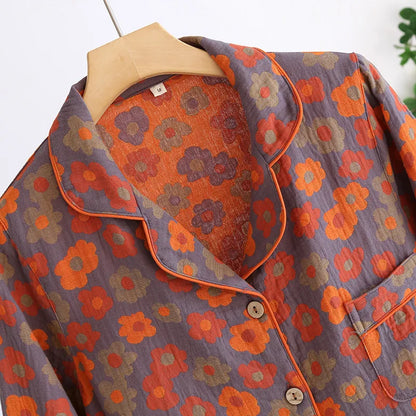 New Spring and Summer Women's Nightdress 100% Cotton Leaf Flower Long Sleeve Dress Large Home Dress Retro Long Sleeve Dress