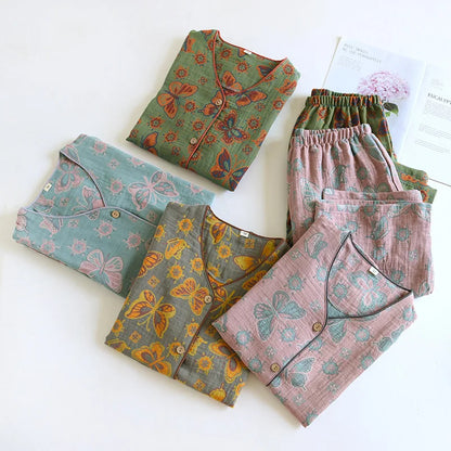 2025 Spring/Summer New Women's Pajama Set 100% Cotton Jacquard Short Sleeves+Capris Two Piece V-Neck Thin Homewear Ladies