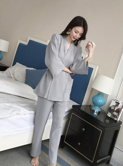 Japanese kimono suit lovers 100% cotton crepe pajamas long sleeved trousers two-piece kimono suit for men and women sleepwear