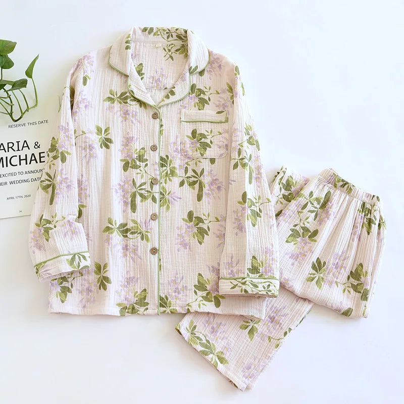 2025 New Spring/Summer Women's Pajama Set 100% Cotton Crepe Cute Love Long Sleeve Long Pants Two Piece Set Cardigan Home Clothes
