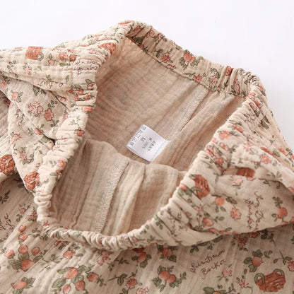 2025 Spring/Summer Women's New Pajama Set 100% Cotton Crepe Short Sleeves+Pants Flip Collar Vintage Flower Simple Homewear