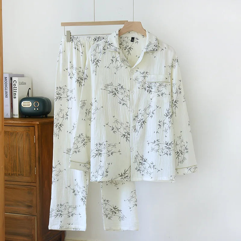 2025 New Spring and Autumn Couple Pajama Set 100% Cotton Crepe Fresh Long sleeved Pants for Men and Women Large Homewear Set