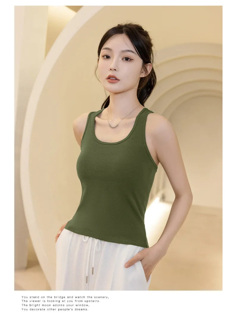 2025 New Women's Summer Pure Cotton Tank Top with Breast Pads Bra One Piece Racerback Backing Sleepwear Home Furnishing Top