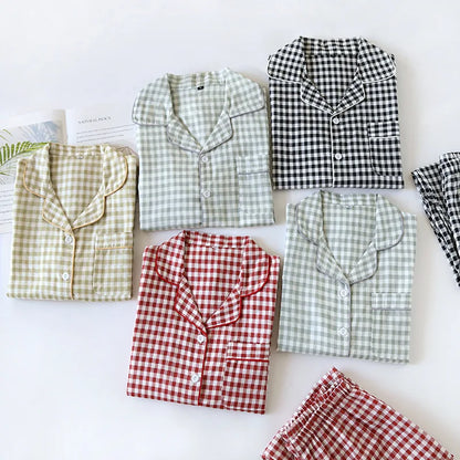 2025 Spring/Summer Couple Pajama Set 100% Cotton Double Layer Gauze Men's and Women's Japanese Plaid Set Long sleeved Home Fury