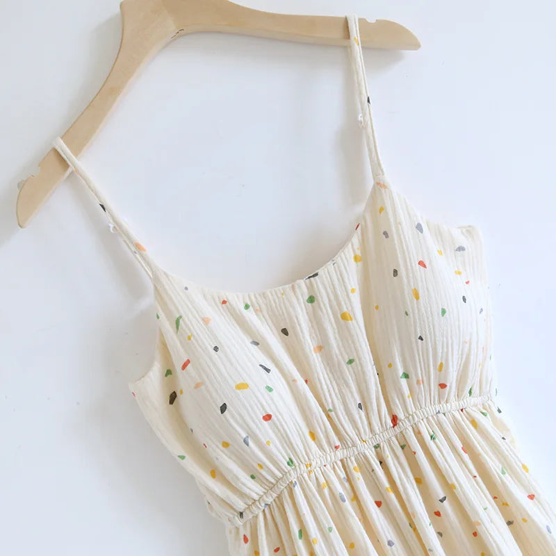 2025 New Summer Women's Sleeping Skirt 100% Cotton Crepe with Chest Cushion Suspender Dress Cute Thin Home Dress Summer Dress