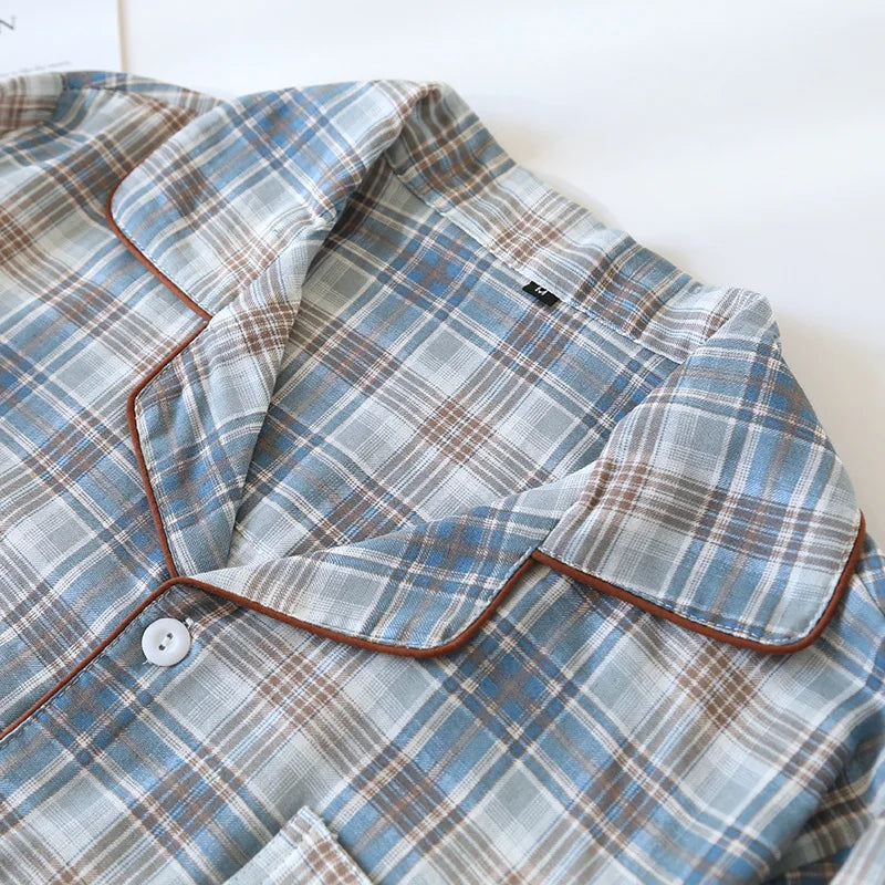 2025 Japanese New Men's Pajama Set Spring/Summer Checkered Simple Long sleeved Two Piece Set 100%Cotton Cardigan Home Furnishing