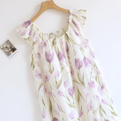 2025 New Summer Women's Sleeping Skirt 100% Cotton Crepe Cloth with Chest Cushion Tank Top Skirt Loose Thin Large Home Clothing