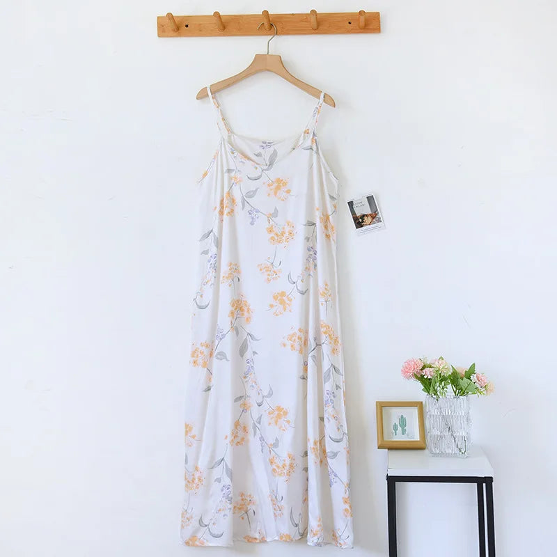 2025 Spring/Summer New Women's Sling Skirt 100% Viscose Fiber Sleeping Skirt Printed Sleeping Skirt Sexy Home Dress for Ladies