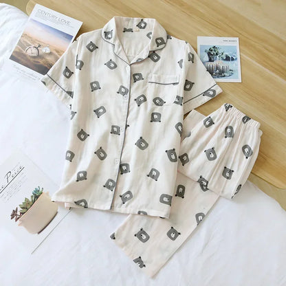 2025 Japanese style simple short women female 100% cotton gauze short sleeve trousers ladies pajamas suit cute pajamas sets home