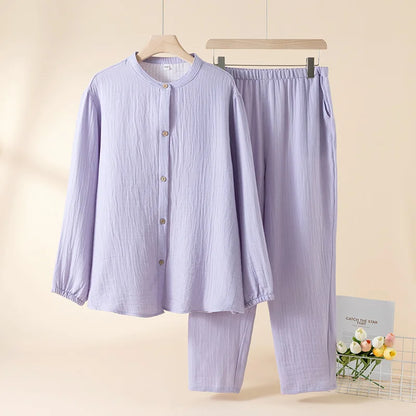 2025 New Spring and Autumn Couple's Pajama Set 100% Cotton Men's and Women's Long Sleeve Long Pants Solid Color Home Clothes