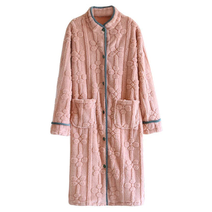 Autumn and Winter 2025 New Women's Nightgown Flannel Sweet and cute Bathrobe Women's Nightdress Stand collar Button Home Dress