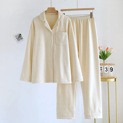 2025 Autumn/Winter New Women's Pajama Set Long Sleeve Long Pants Two Piece Set Striped German Velvet Warm Thick Home Clothes