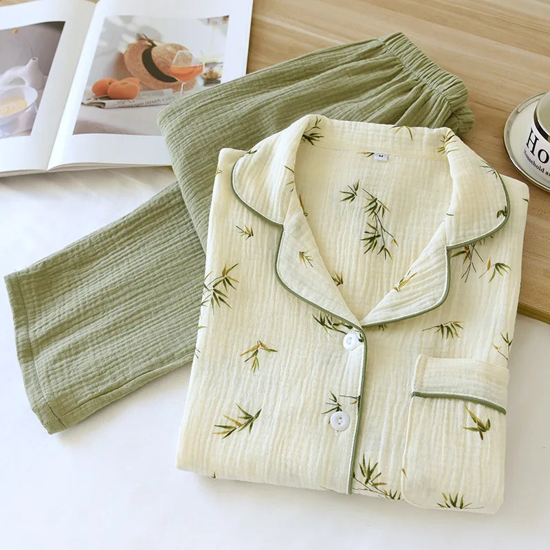 2025 New Spring/Summer Women's Pajama Set 100% Cotton Crepe Long Sleeve Long Pants Large Home Clothes Two Piece Set Sleepwear