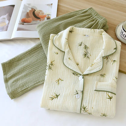 2025 New Spring/Summer Women's Pajama Set 100% Cotton Crepe Long Sleeve Long Pants Large Home Clothes Two Piece Set Sleepwear