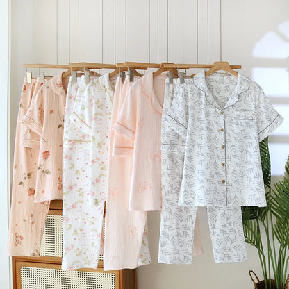 2025 New Spring/Summer Women's Pajama Set 100% Cotton Crepe Short Sleeve+Shorts+Pants 3-Piece Thin cardigan Home Clothes Ladies