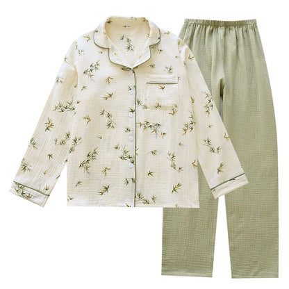 2025 New Spring/Summer Women's Pajama Set 100% Cotton Crepe Long Sleeve Long Pants Large Home Clothes Two Piece Set Sleepwear