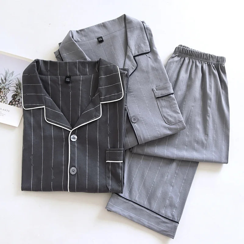 Spring and autumn new men's pajamas long-sleeved trousers suit 100% cotton knitted striped plus size home clothes two-piece set