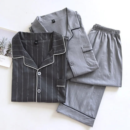 Spring and autumn new men's pajamas long-sleeved trousers suit 100% cotton knitted striped plus size home clothes two-piece set