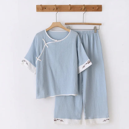 New spring and summer 100% cotton Chinese style women's pajamas two-piece set three-quarter sleeve tops home service suits