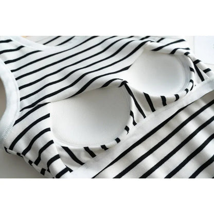 2025 Summer New Women's Tank Top Pajamas All Cotton with Chest Pads Tank Top with Stripe Sports Bottom Short Home Fur Ladies