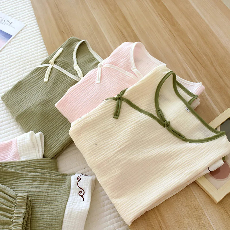 2025 Spring and Autumn New Women's Pajama Set 100% cotton crepe long-sleeved trousers classic two-piece household clothes