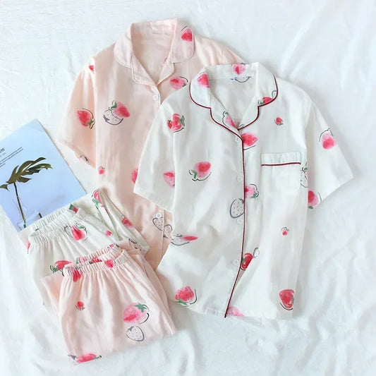 2025 Japanese style simple short women female 100% cotton gauze short sleeve trousers ladies pajamas suit cute pajamas sets home