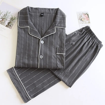 Spring and autumn new men's pajamas long-sleeved trousers suit 100% cotton knitted striped plus size home clothes two-piece set