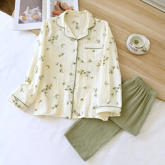 2025 New Spring/Summer Women's Pajama Set 100% Cotton Crepe Long Sleeve Long Pants Large Home Clothes Two Piece Set Sleepwear