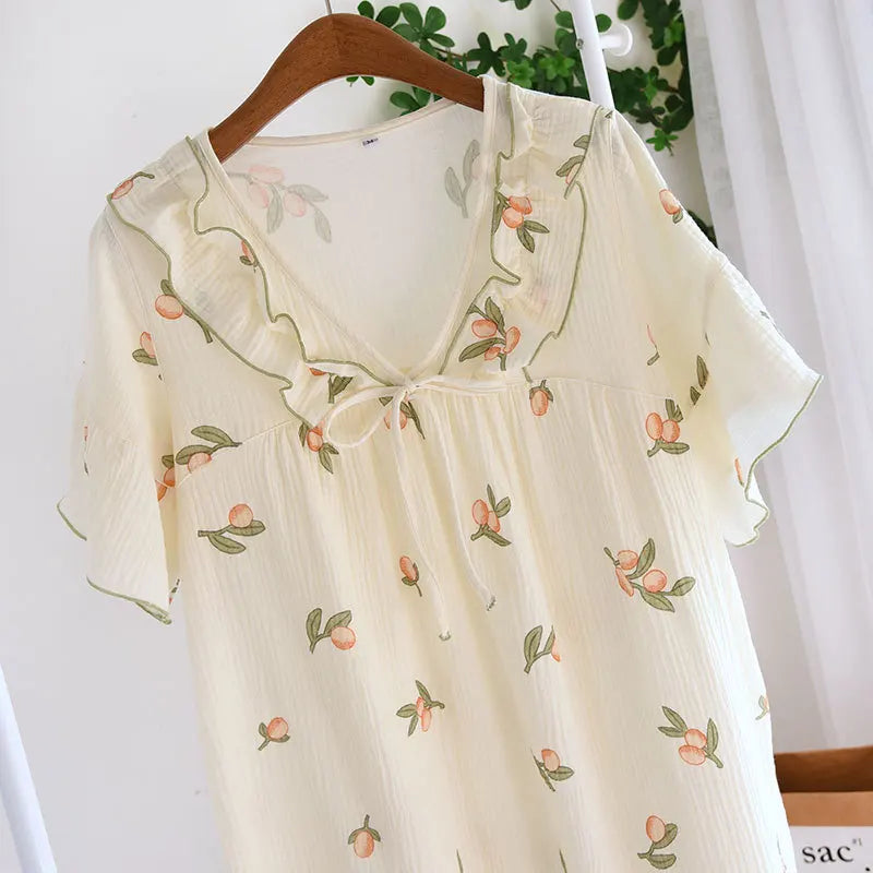 2025 Summer New Women's Pajama Dress 100% Cotton Crepe Ladies Short Sleeve Skirt Thin Flower Dress Homewear Pajama Dress