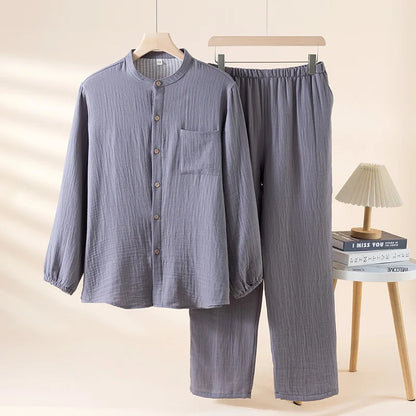 2025 New Spring and Autumn Couple's Pajama Set 100% Cotton Men's and Women's Long Sleeve Long Pants Solid Color Home Clothes