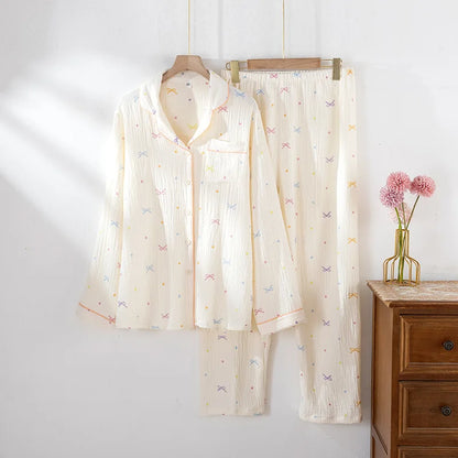 New large size pajamas women cotton crepe home service cotton long sleeve trousers suit simple and comfortable summer and autumn