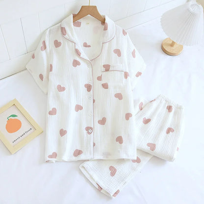 2025 Spring/Summer Women's New Pajama Set 100% Cotton Crepe Short Sleeves+Pants Flip Collar Vintage Flower Simple Homewear