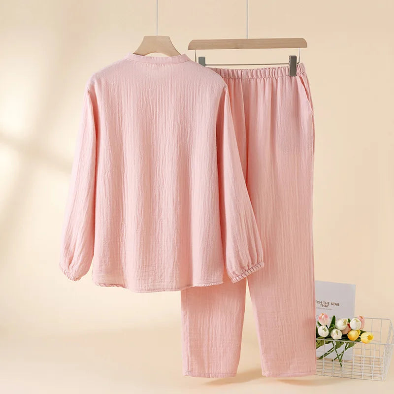 2025 New Spring and Autumn Couple's Pajama Set 100% Cotton Men's and Women's Long Sleeve Long Pants Solid Color Home Clothes