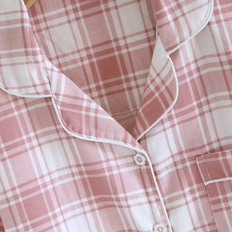 2025 New Summer Women's Pajama Set 100% Cotton Gauze Thin Short Sleeve+Shorts+Pants Simple Checkered Home Furnishing Set