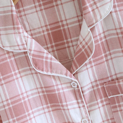 2025 New Summer Women's Pajama Set 100% Cotton Gauze Thin Short Sleeve+Shorts+Pants Simple Checkered Home Furnishing Set