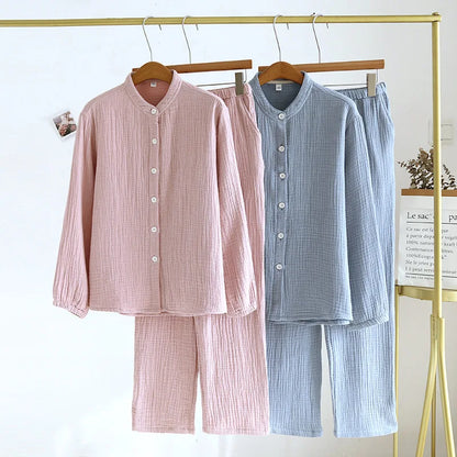 2025 Spring and Autumn New Couple Pajama Set 100% Pure Cotton Crepe Cloth Men's and Women's Stand up Neck Simple Home Clothing