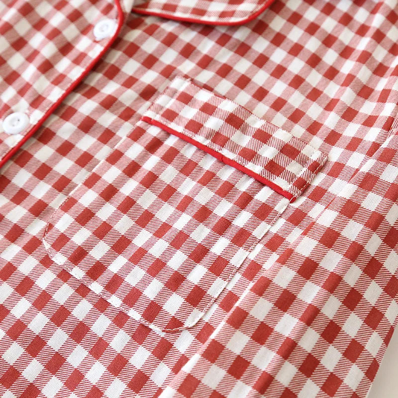 2025 Spring/Summer Couple Pajama Set 100% Cotton Double Layer Gauze Men's and Women's Japanese Plaid Set Long sleeved Home Fury