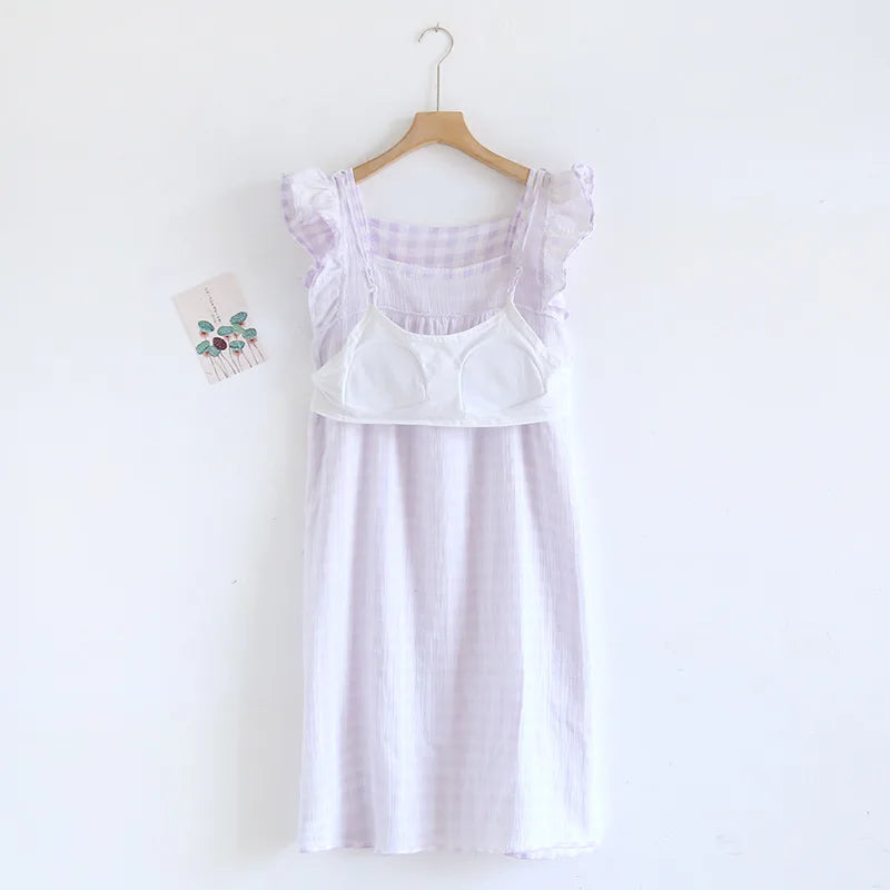 2025 Summer New Women's Sleeping Skirt Tank Top 100% Pure Cotton Large Size Loose Plaid with Chest Cushion Dress Home Fury