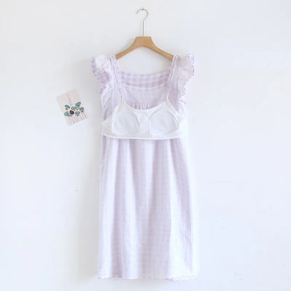 2025 Summer New Women's Sleeping Skirt Tank Top 100% Pure Cotton Large Size Loose Plaid with Chest Cushion Dress Home Fury