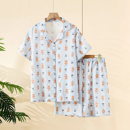 2025 Summer New Women's Pajama Set 100% Cotton Gauze Short Sleeve Shorts Two Piece Set Thin cardigan Home Clothes sleepwear