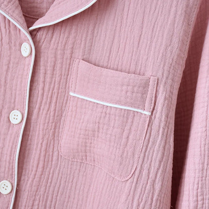 New Spring and Autumn Couple Pajamas Set 100%Cotton Crepe Long Sleeve Pants Two Piece Men's and Women's Large Size Home Garments