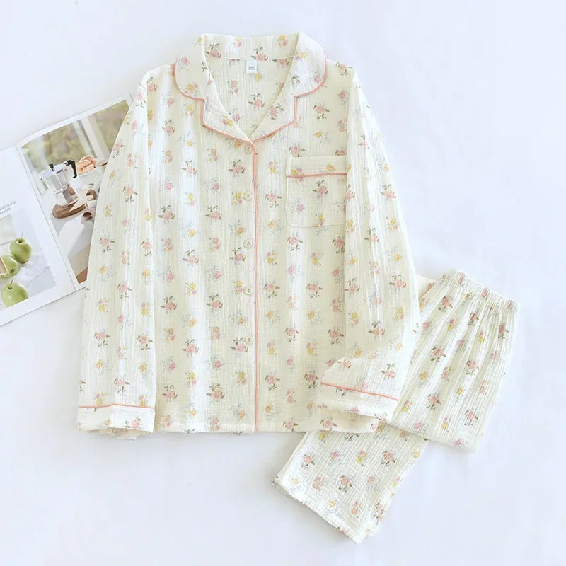 New large size pajamas women cotton crepe home service cotton long sleeve trousers suit simple and comfortable summer and autumn