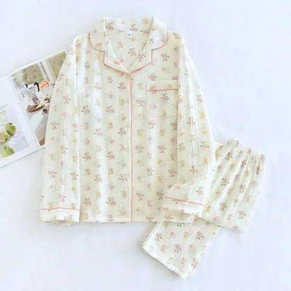 New large size pajamas women cotton crepe home service cotton long sleeve trousers suit simple and comfortable summer and autumn