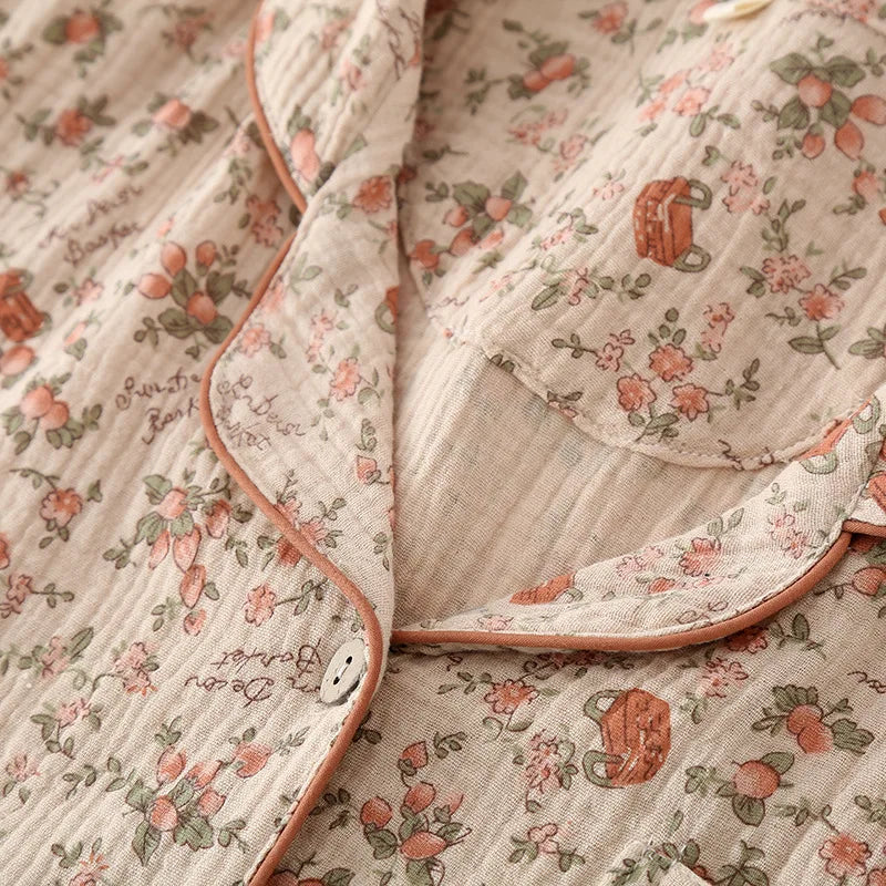 2025 Spring/Summer Women's New Pajama Set 100% Cotton Crepe Short Sleeves+Pants Flip Collar Vintage Flower Simple Homewear