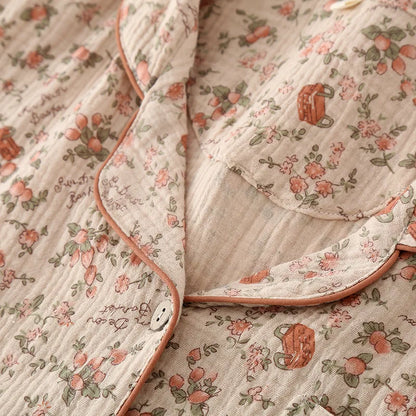 2025 Spring/Summer Women's New Pajama Set 100% Cotton Crepe Short Sleeves+Pants Flip Collar Vintage Flower Simple Homewear