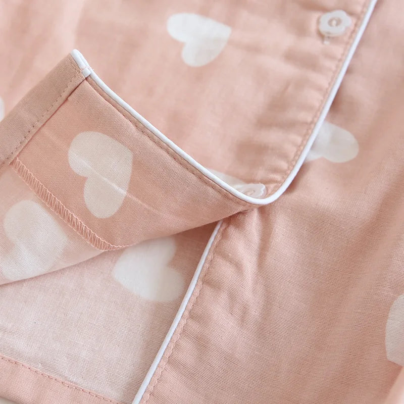 New spring and summer women's pajamas three-piece set short sleeves + shorts + trousers 100%cotton gauze love print homewear set