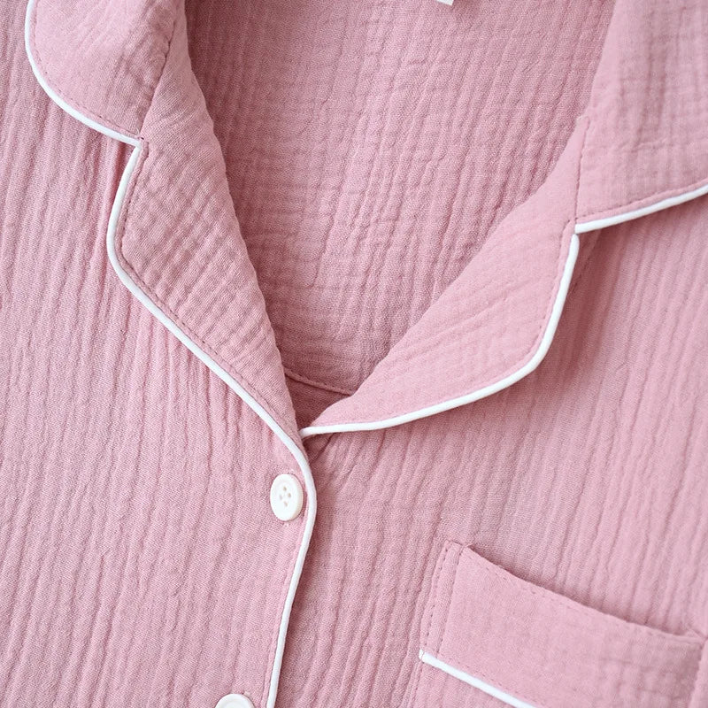 New Spring and Autumn Couple Pajamas Set 100%Cotton Crepe Long Sleeve Pants Two Piece Men's and Women's Large Size Home Garments