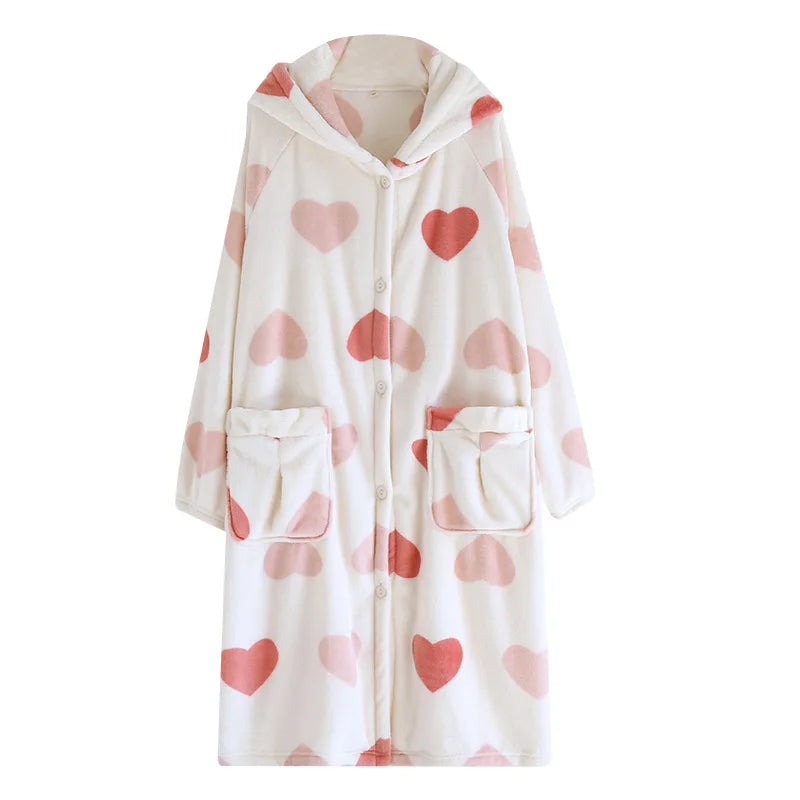 2025 Winter New Flannel Sleeping Robe Women's Bathrobe Long Thickened Velvet Cute Sweet Hooded Home Robe Sleepwear Ladies